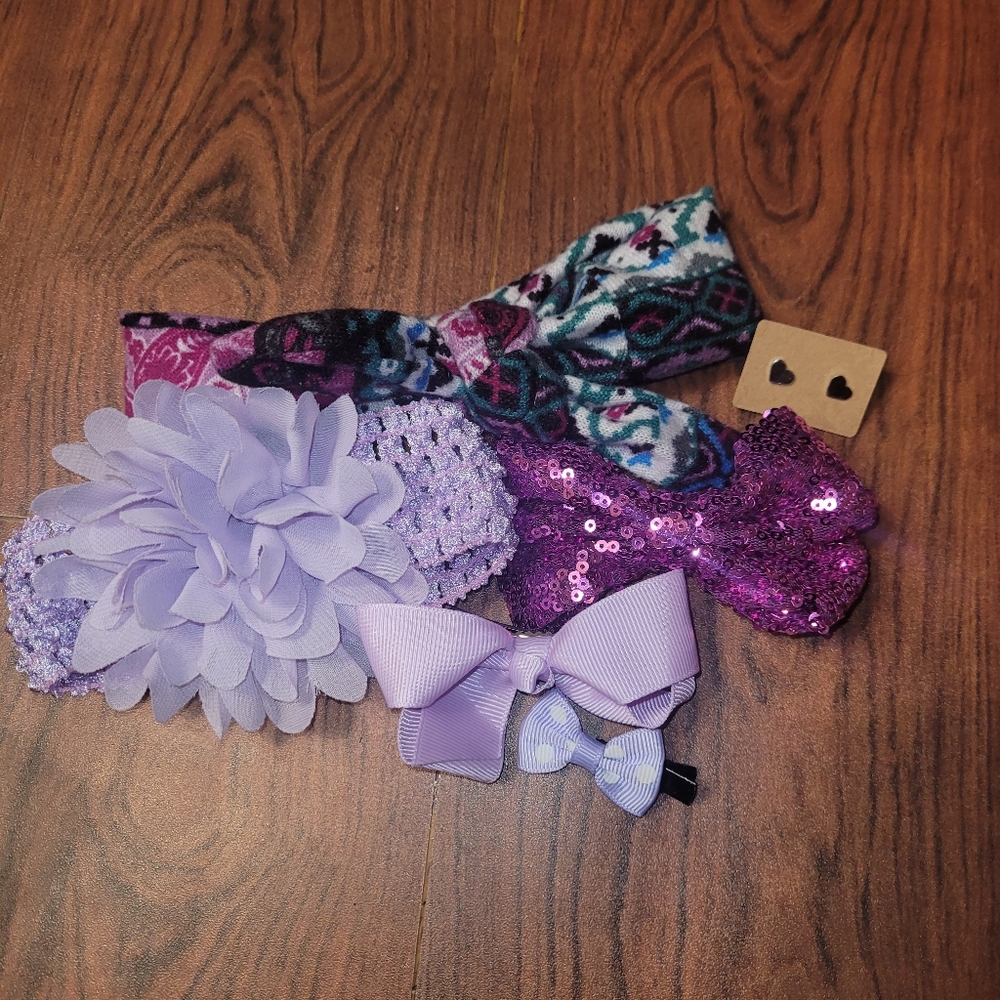 Purple and lavender 6 piece hair and earring accessory bundle